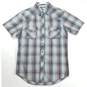 Coastal Shirt Mens Small Blue Gray Pearl Snap Short Sleeve Cotton Plaid